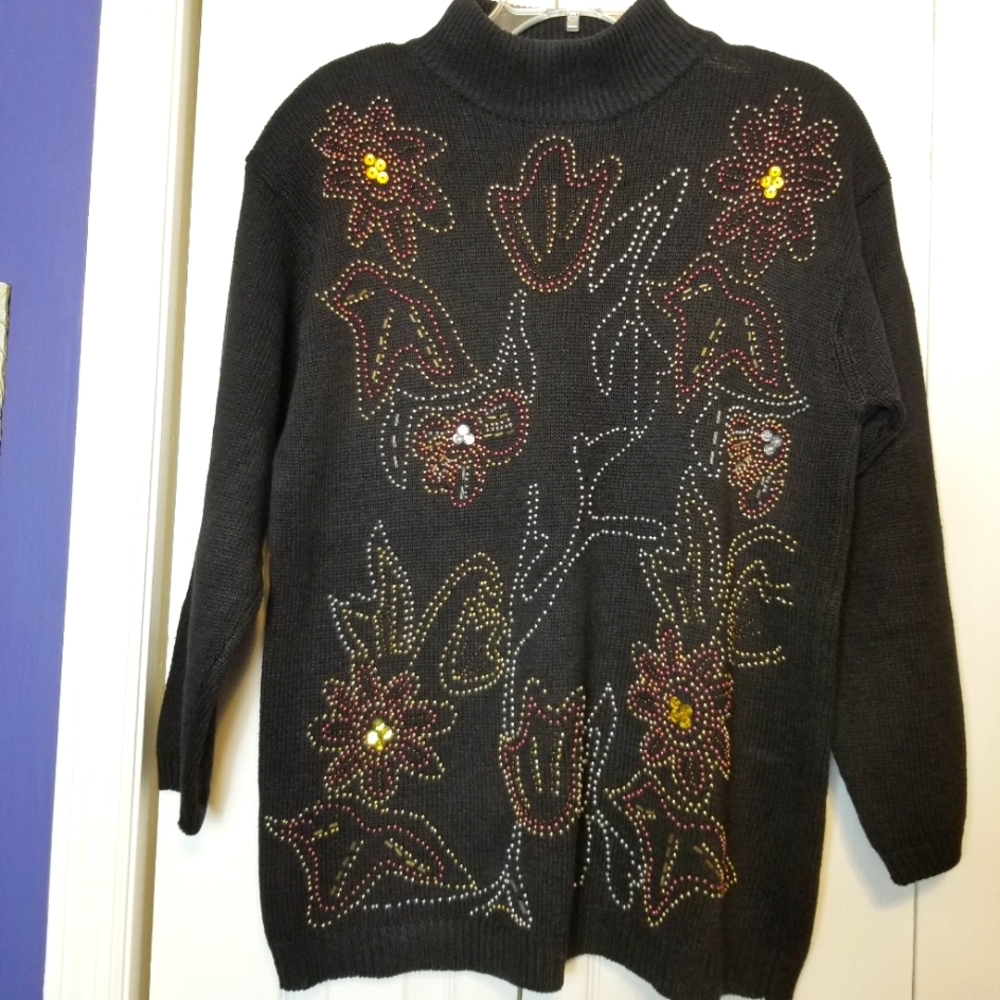 Vintage Cezanne Beaded Stud Floral Design Mock Neck Sweater
